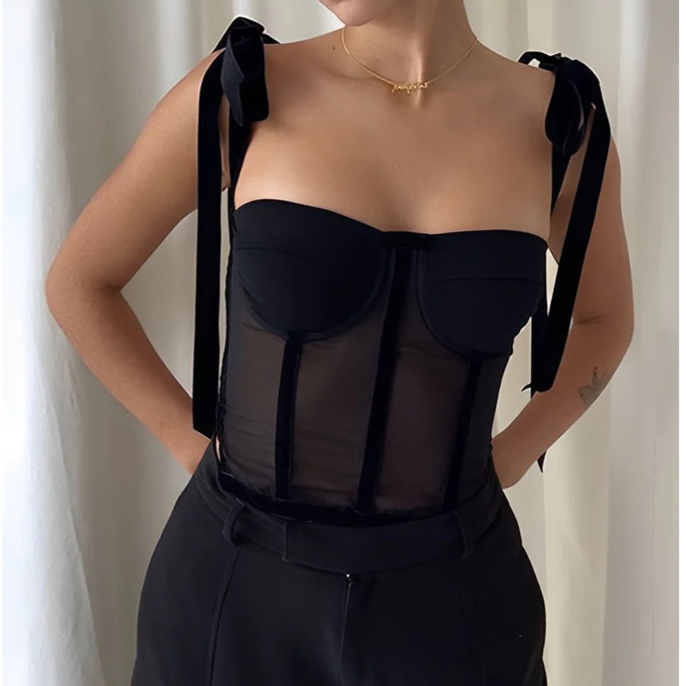 Commense Black Sheer Corset Tie-Shoulder Camisole
